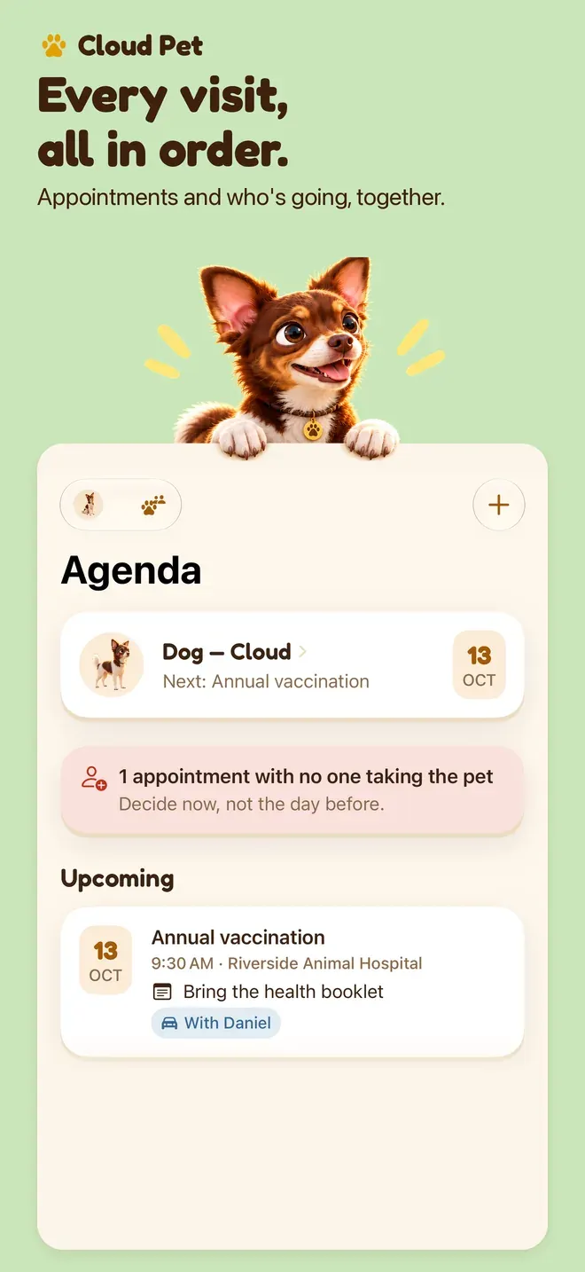 Every visit, all in order.. Appointments and who's going, together.
