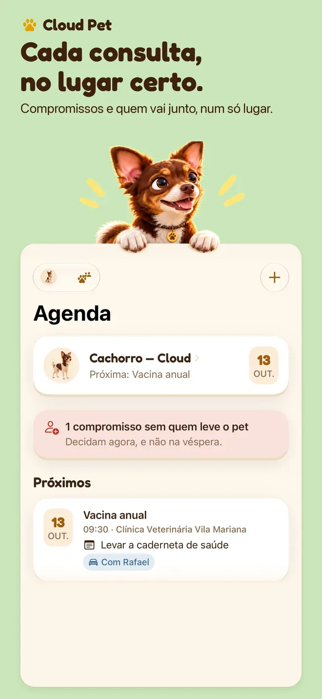 Cada consulta, no lugar certo.. Compromissos e quem vai junto, num só lugar.