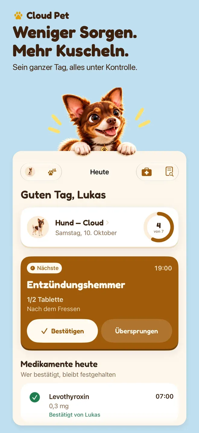Weniger Sorgen. Mehr Kuscheln.. Sein ganzer Tag, alles unter Kontrolle.