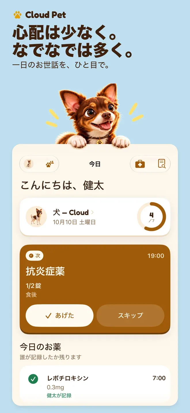 心配は少なく。 なでなでは多く。. 一日のお世話を、ひと目で。
