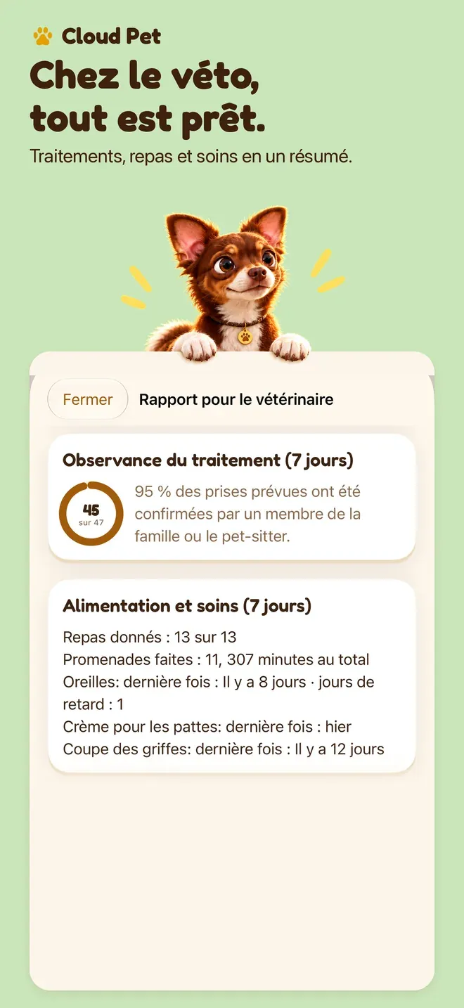 Chez le véto, tout est prêt.. Traitements, repas et soins en un résumé.